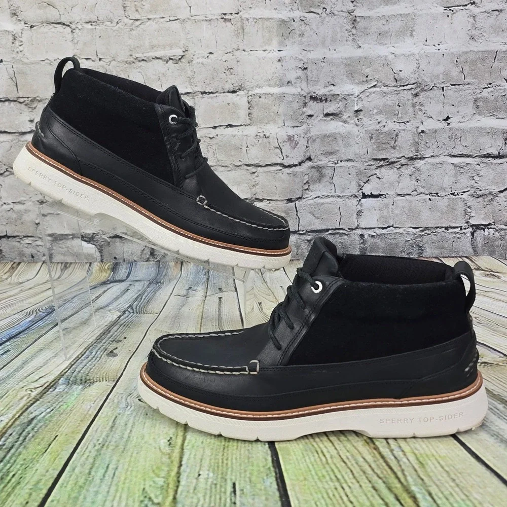 Sperry Plushwave Lug Chukka Boots Mens 12 Black Leather Suede Moc Toe STS23614